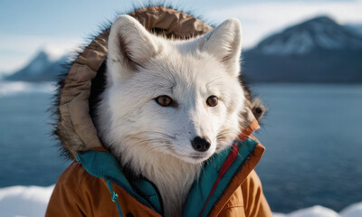 Naklejka premium Close-up of a person wearing a jacket with a dog sitting inside, a casual everyday scene