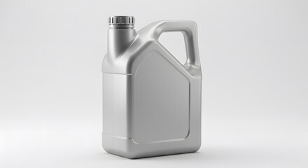 Ai image displaying a generic silver or grey plastic canister jug, typically used for motor oil or chemicals, isolated.