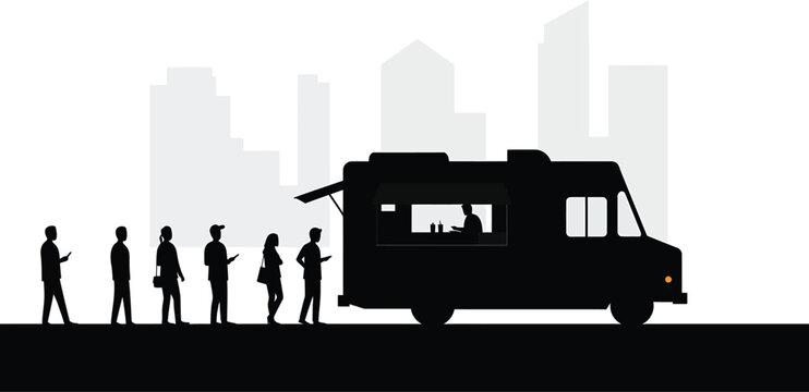 Food Truck Silhouette with Customers in Line