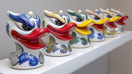 Five Colorful Ceramic Duck Figurines on a White Shelf