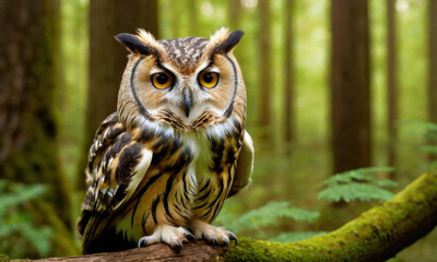 Obraz premium A single owl sits on a branch in a peaceful forest setting, ideal for environmental or wildlife-themed projects