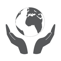 World ecology icon with hands holding the globe illustration in bold black design on white background with copy space