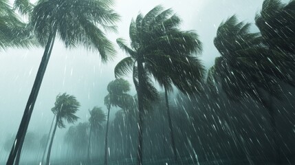 Dramatic tropical storm scene with palm trees bending in heavy rain and wind creating a moody atmosphere and a sense of nature's power in a coastal setting