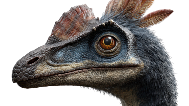 A detailed close-up of a dinosaur head showcasing its features. transparent background