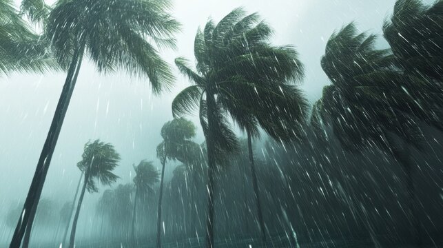 Dramatic tropical storm scene with palm trees bending in heavy rain and wind creating a moody atmosphere and a sense of nature's power in a coastal setting