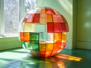 Colorful orb sculpture made of translucent squares stands near a window in a room