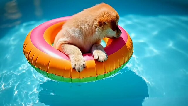 Cute puppy sitting inside colorful swim ring in pool
