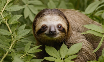 Fototapeta premium Close-up of a sloth surrounded by lush greenery
