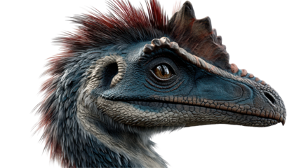 A detailed illustration of a dinosaur's head with vibrant colors. transparent background