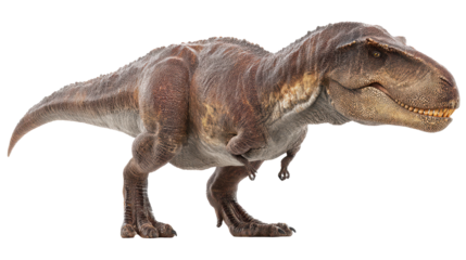 A realistic depiction of a Tyrannosaurus rex dinosaur model. transparent background
