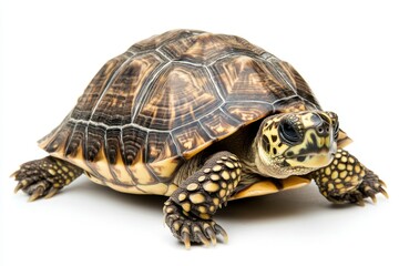 Obraz premium Captivating box turtle portrait on white backdrop showcasing intricate shell patterns and textured skin detail in a studio setting with bright lighting and a low angle view