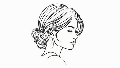 Woman Head Profile Line Art with Bun Hairstyle on White