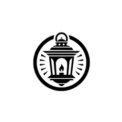 Minimalist Classic Lantern Icon with Radiating Light Rays in Circle - Simple Vintage Lamp Symbol
