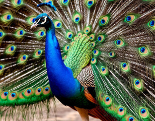 Obraz premium Peacock spread tail close-up. Generated by AI.