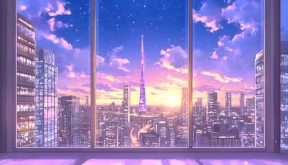 Serene sunset cityscape viewed from a large window, showcasing a tall tower at the center