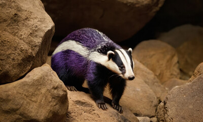 Obraz premium A purple and white striped badger sits on a rocky outcropping