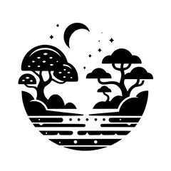 Fototapeta premium Graphic Black and White Night Landscape Silhouette - Minimalist Nature Scene with Moon and Stars