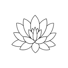 Minimalist black line art of a lotus flower with symmetrical petals, often used in wellness, yoga, and spiritual design themes. Vector illustration