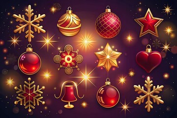 Elegant Red and Gold Christmas Ornament Icons Set