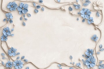 Light beige background framed by delicate blue flowers and gold vines.