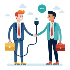 Cartoon business concept illustration of a successful businessman in a suit shaking hands with people, the white manager standing confidently with his team in the office, a symbol of job and company w