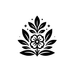 Stylized Black & White Folk Floral Emblem Illustration