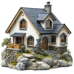 charming model house with stone and wood features, surrounded by rocks and greenery