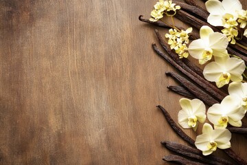 Vanilla beans and orchids on rustic wood background for gourmet baking exotic spice