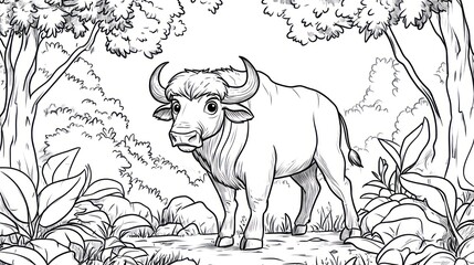 Black and white illustration of a large animal in a jungle setting