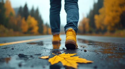Autumn Journey: Person Walking on Wet Road Surrounded by Fall Foliage
