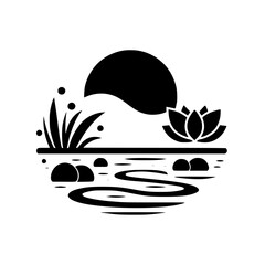 Minimalist Black and White Lotus Pond Scene: Zen Nature Illustration with Water, Rocks, and Grass. Peaceful Tranquil Graphic.