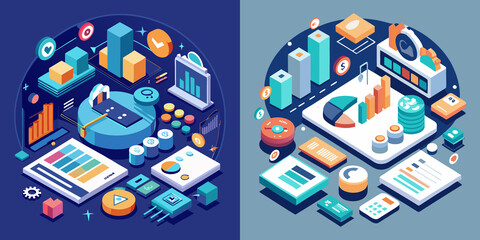Fototapeta premium Isometric Set of vector dashboard of personal finance app UI with graphs, balance, and charts