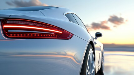 Obraz premium Sleek Sportscar Tail Light Design Reflecting Sunrise Hues Capturing Automotive Elegance in a Horizon Scene