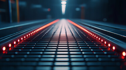 Fototapeta premium A futuristic conveyor belt with glowing red LED lights in a dark, industrial setting.