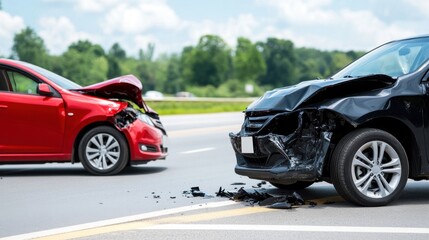 Fototapeta premium Car Collision on Highway with Damaged Vehicles Under Clear Blue Sky