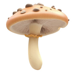 Realistic detailed edible mushroom model with textured cap and gills, light brown color, stem, and small round protrusions, isolated on white background