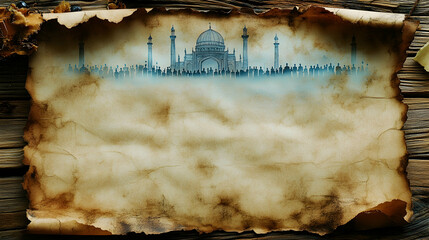 An aged parchment shows a faint building with minarets and a crowd of people