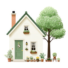 Charming White Cottage with Green Door and Lush Greenery, cut out, no background