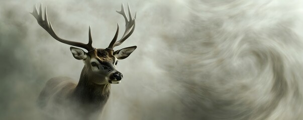 Majestic stag emerges from ethereal mist with striking antlers