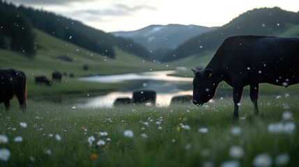 Black cows graze in a meadow by a lake