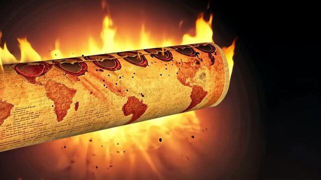 Seven Seals scroll and a world map with fire effects Biblical Prophecies Revelation End of Time Second Coming of Jesus 4K