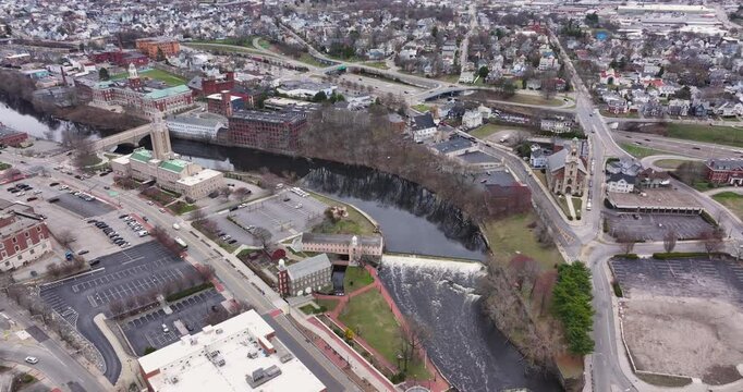 Pawtucket RI, USA - April 5, 2025:  Aerial video of downtown Pawtucket and the surrounding area.
