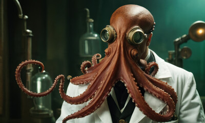 Scientist holds an octopus, potential research or education scene