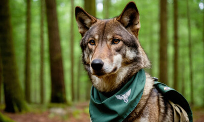 Fototapeta premium A dog wears a green bandana while walking in the woods, suitable for outdoor or nature-themed projects
