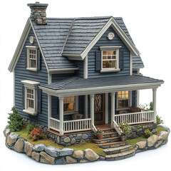 charming model house with stone chimney and detailed exterior, surrounded by landscaping