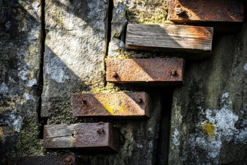 Rusty wood  stone wall detail.