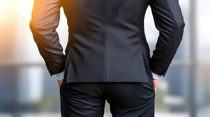 Rear view of a man in a black suit, hands in pockets, standing before a city backdrop
