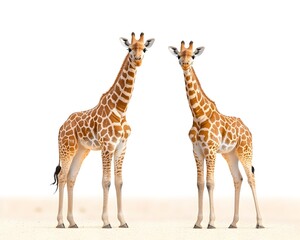 Naklejka premium Two reticulated giraffes stand facing forward on a light tan background