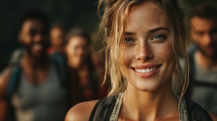 Fototapeta premium A woman with a smile on her face is surrounded by a group of people