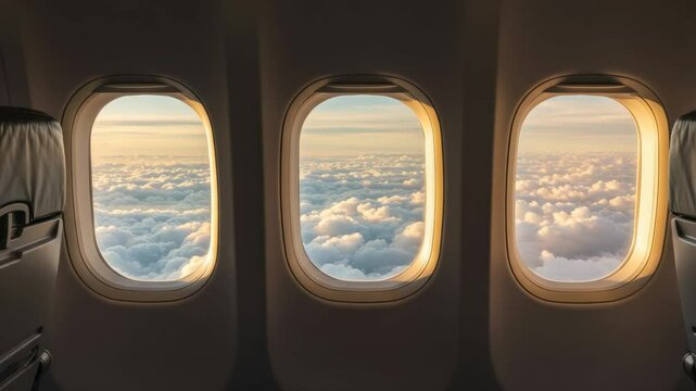 Airplane Windows Showing Sunset Over Clouds - Three airplane portholes offer a stunning view of a sunset over a vast expanse of fluffy white clouds. The warm